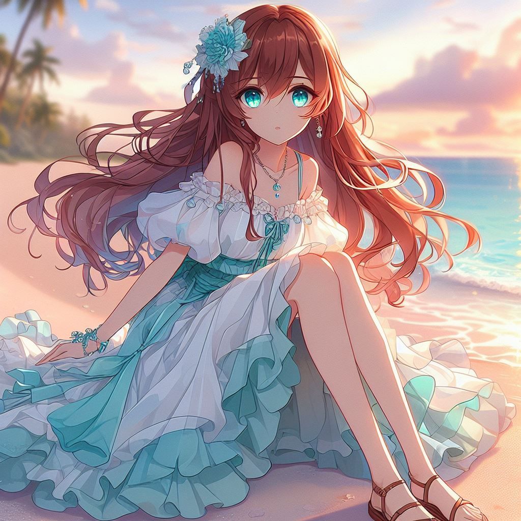 Aqua on the beach in a fancy dress