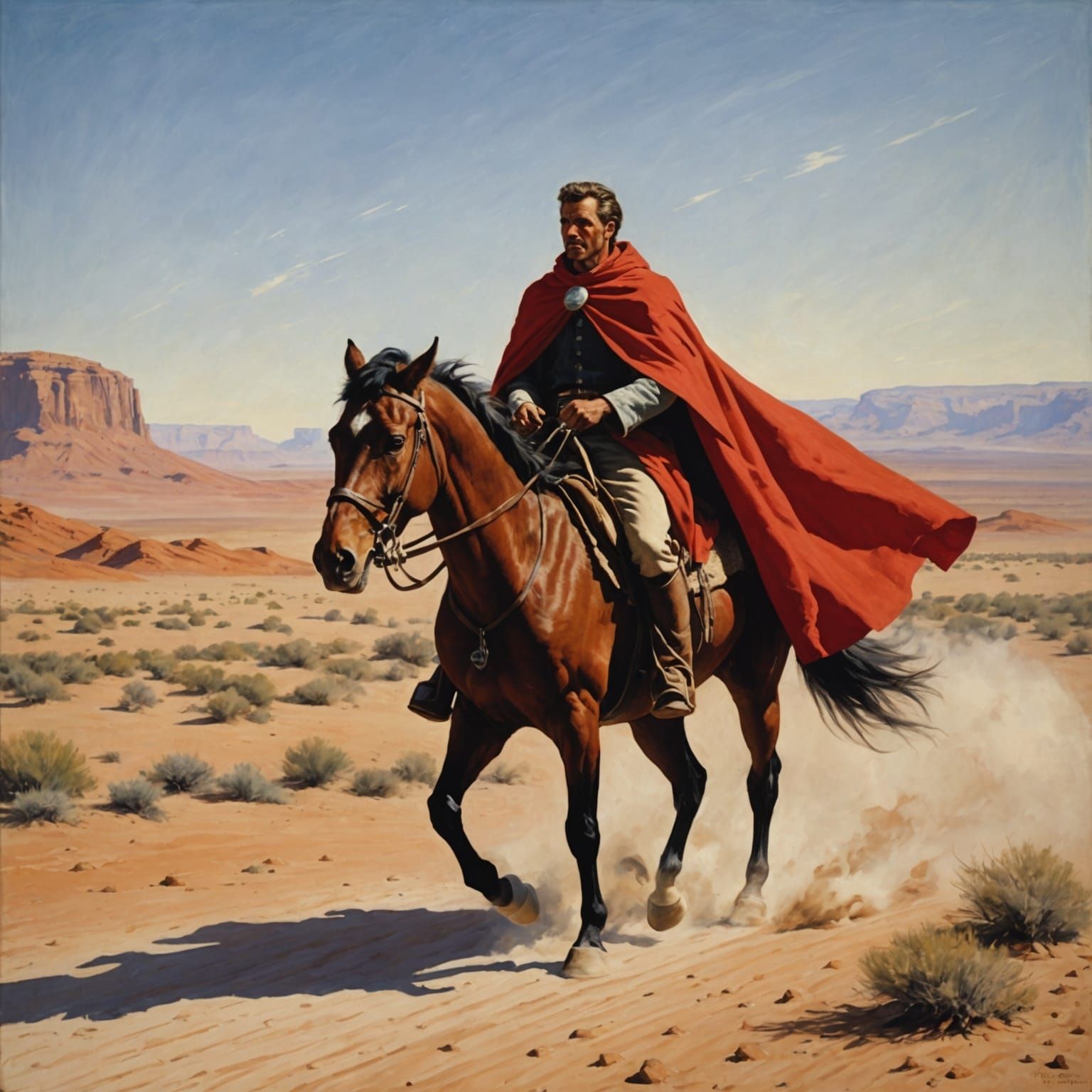 painting of a man riding a horse in a desert with a red cape, ...