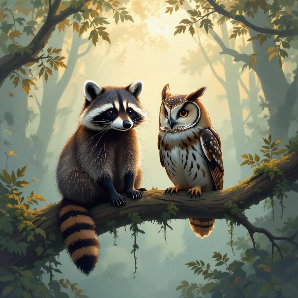 Raccoon and Owl in Misty Forest, Art Nouveau Style