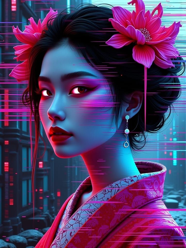 Digital Geisha's Face Shatters in Cyberpunk Glitch Art