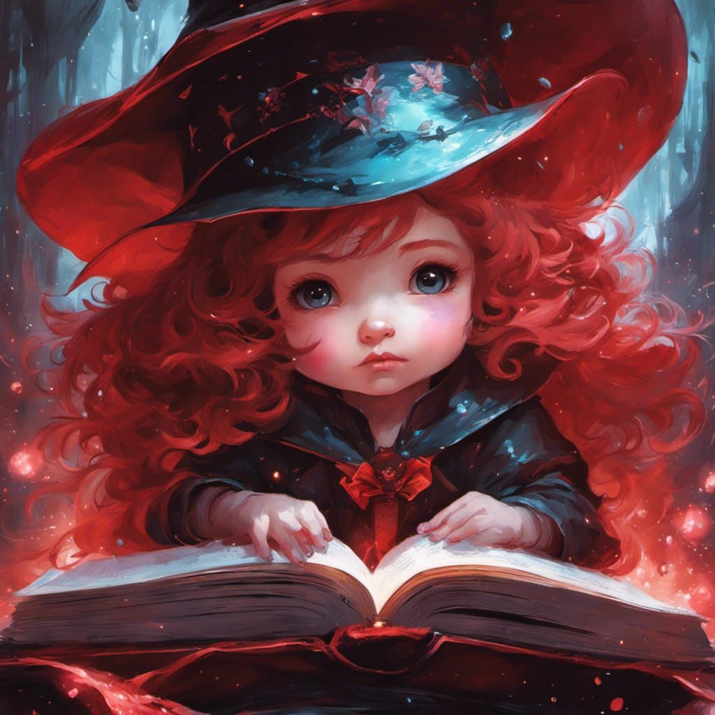 A whimsical adorable cute baby chibi fluffy red witch emergi...