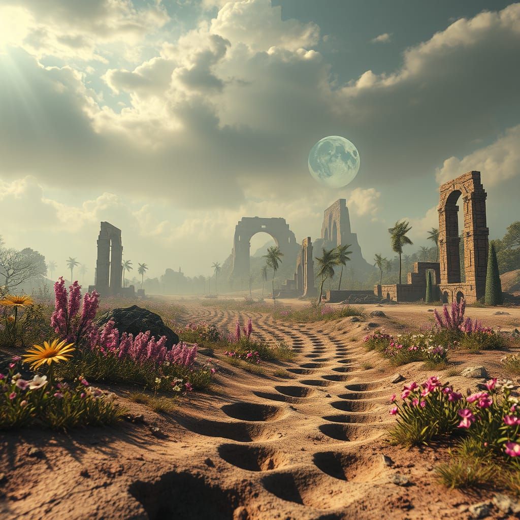 A poetic surreal scene symbolizing that nothing on Earth disappears without a trace — a vast landscape where human footprints slowly transfo...