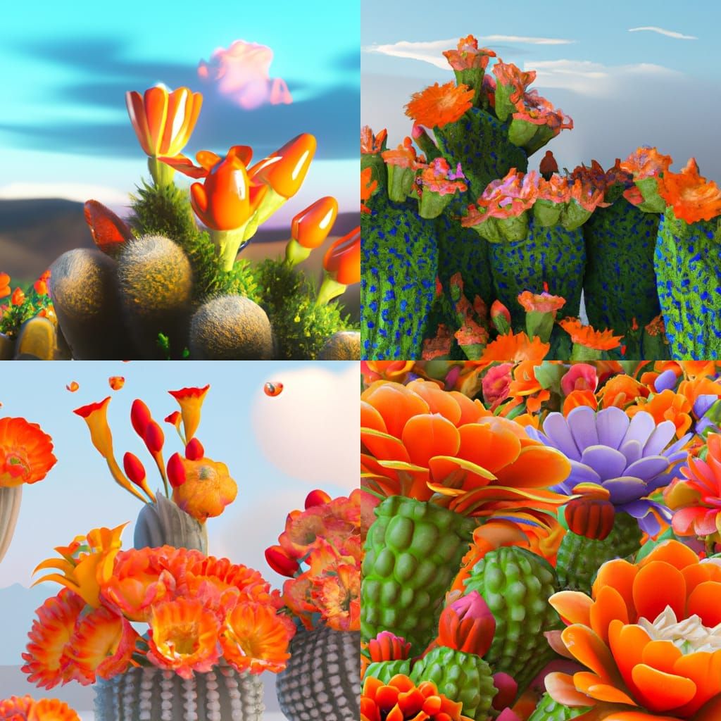Cacti with many apricot orange peach flowers, realistic cact...