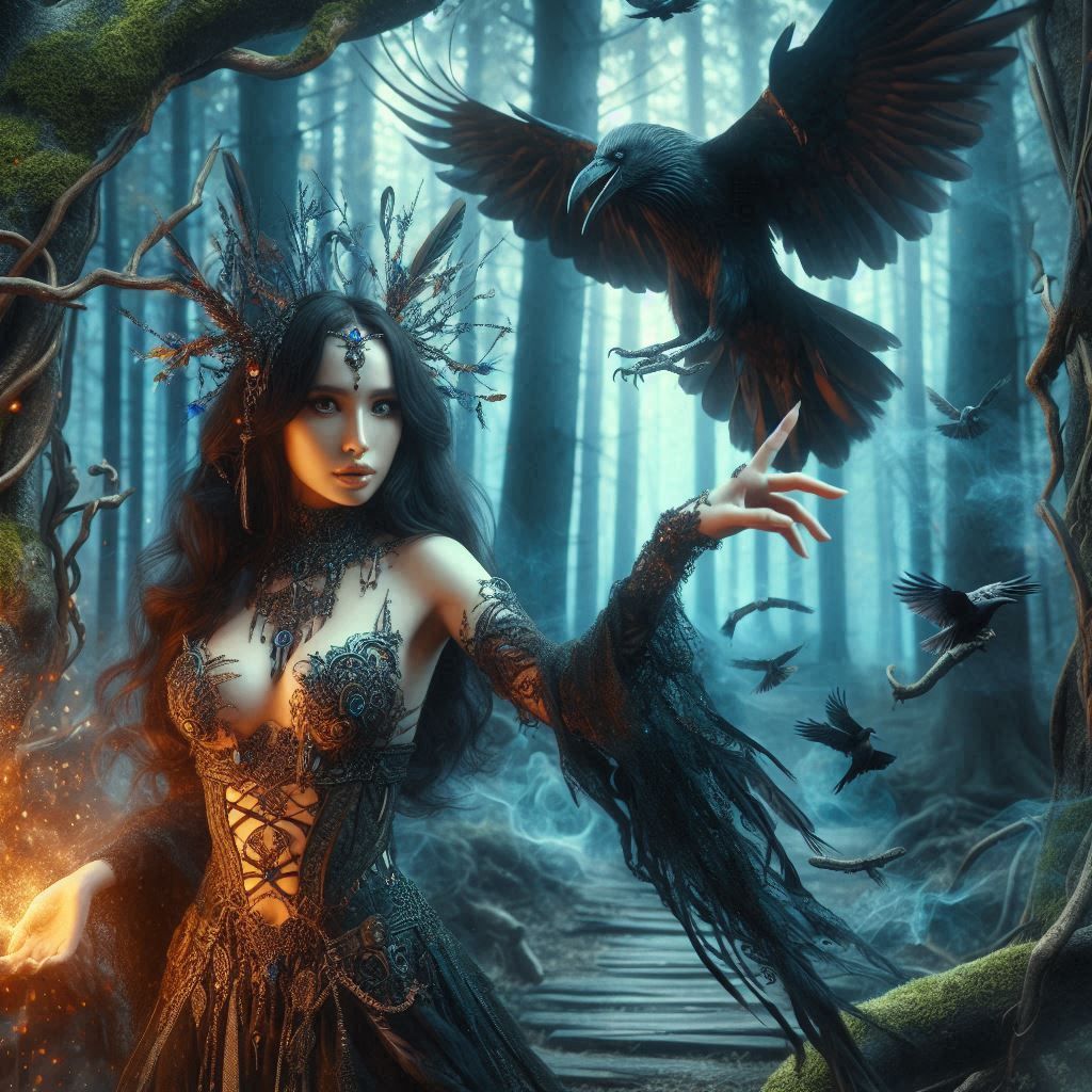 Female druid in a mystic forest, starting to change the form...