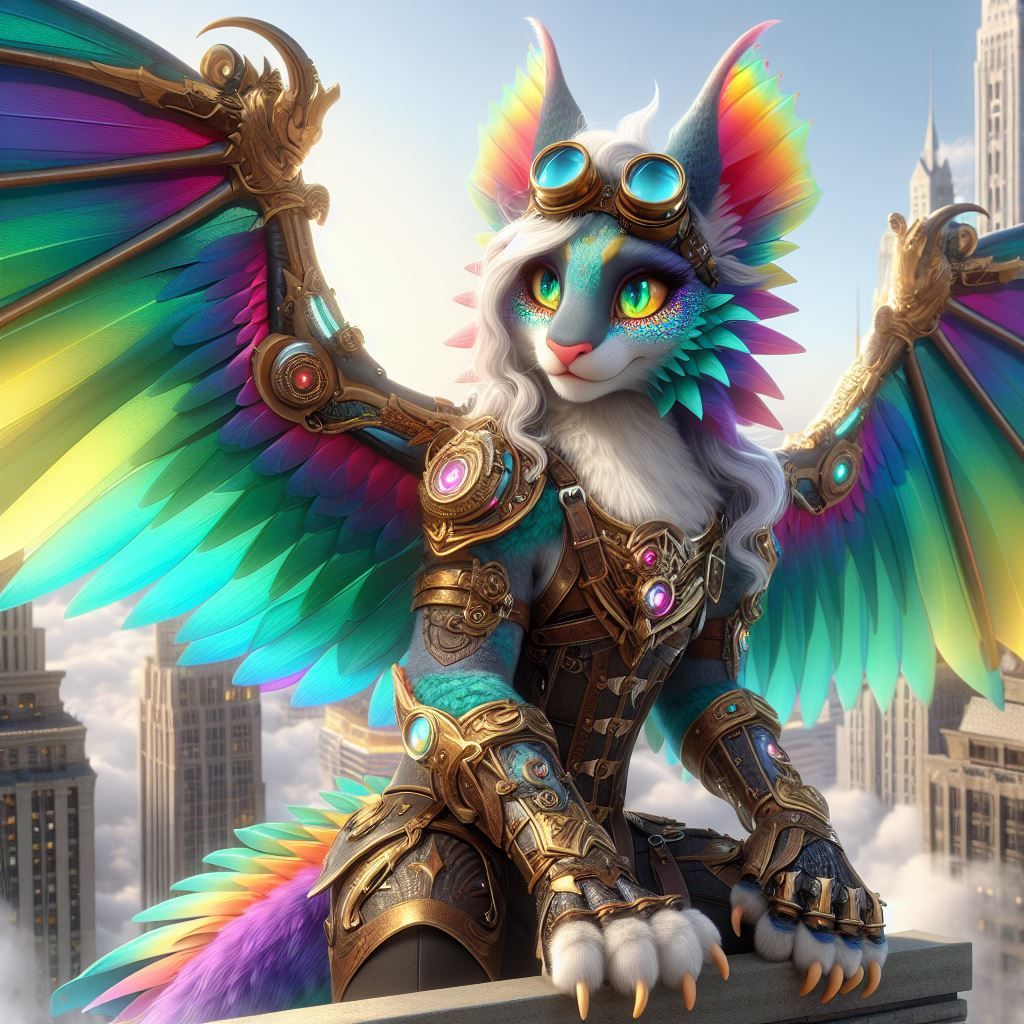 Anthro Steampunk Rainbow Cat-Dragon