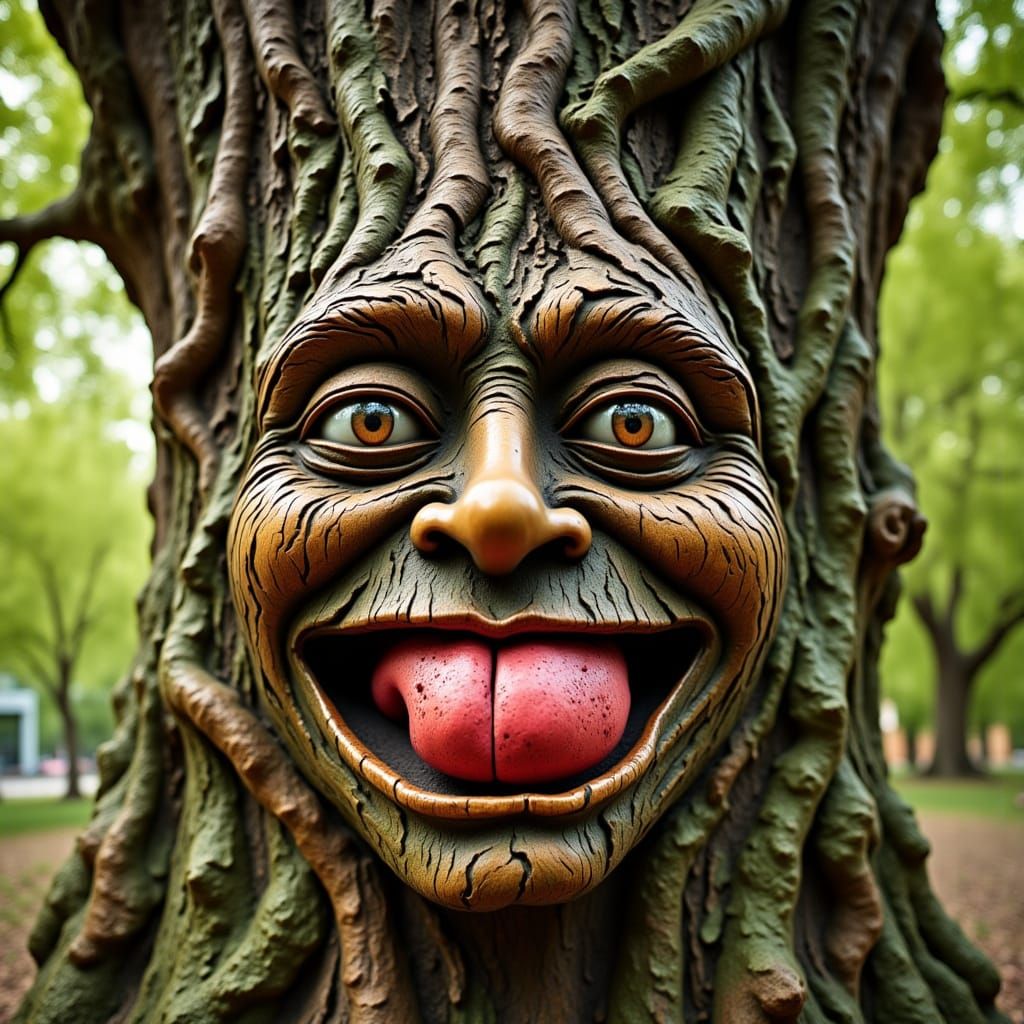 smiling tree face sticking out his juicy tongue <lora:Flotre:1.0> 