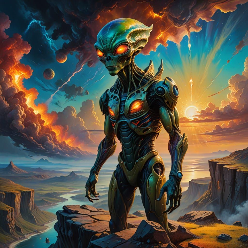 Surreal Alien on Cliff in Vibrant Oil Painting