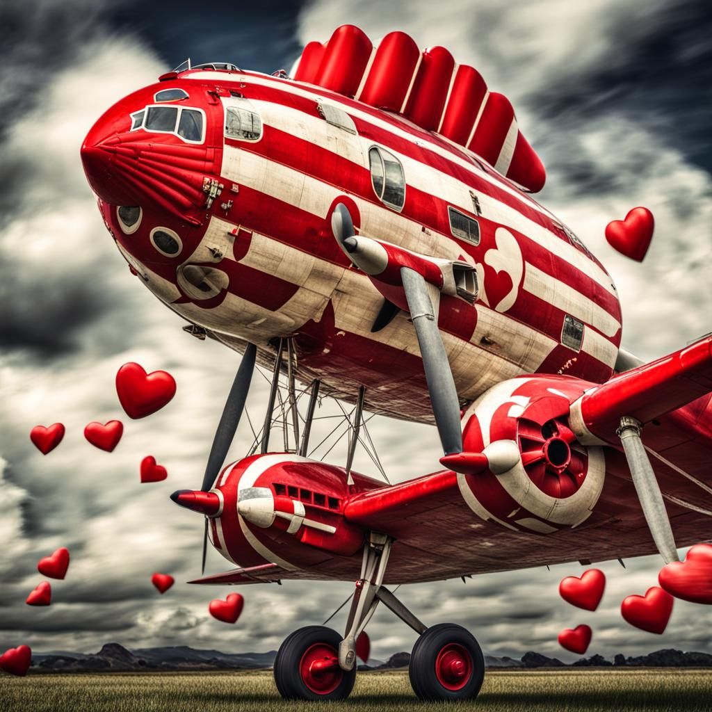 A very cute red and white patterned old-fashioned aeroplane ...