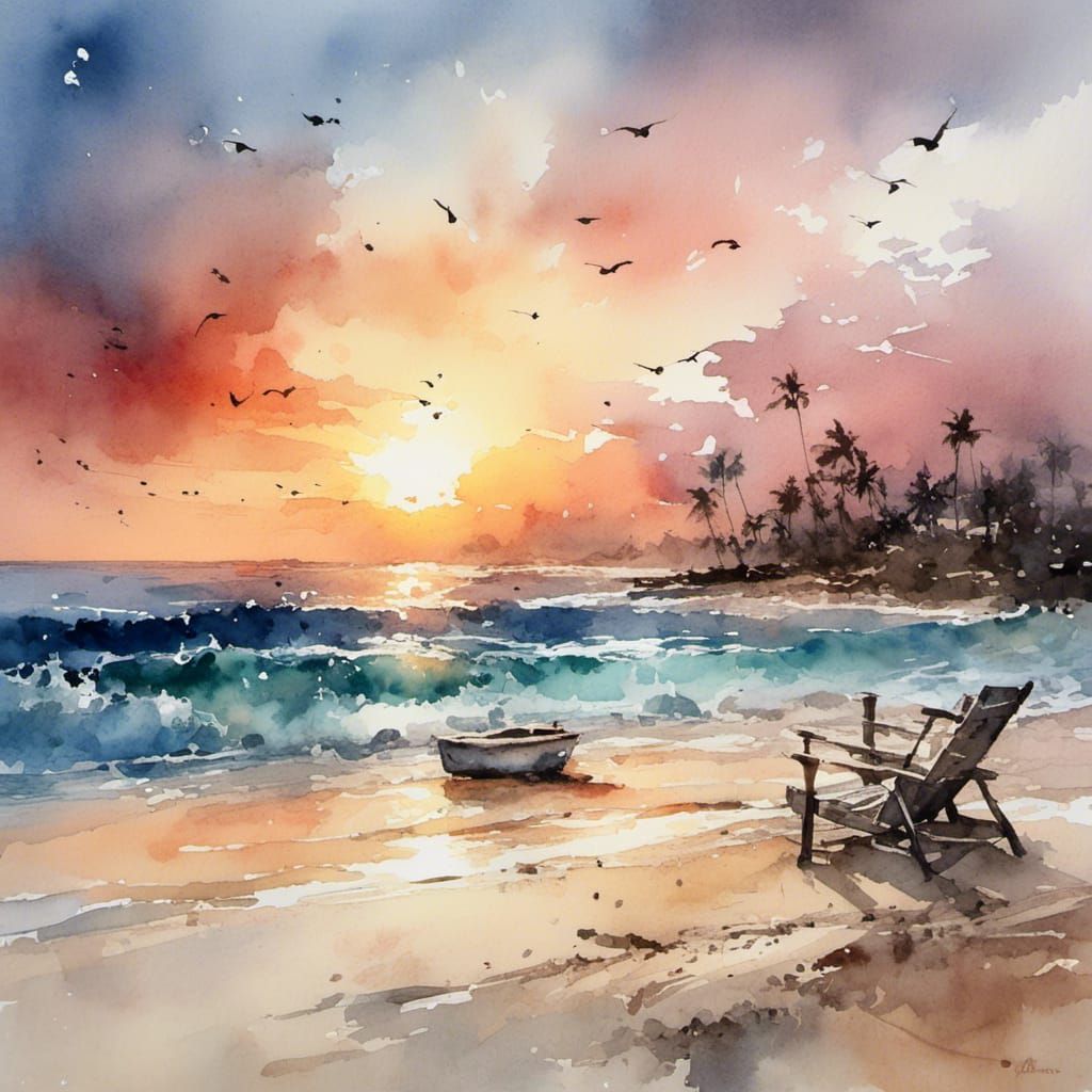 <lora:Chibi Love:1.0>  A beautiful watercolor art sunset beach