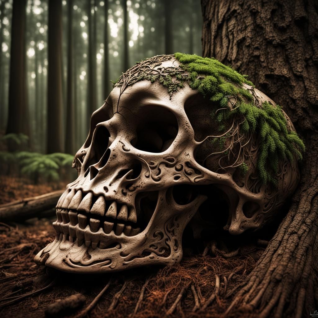 Skull in a forest, intricate details, HDR, beautifully shot,...