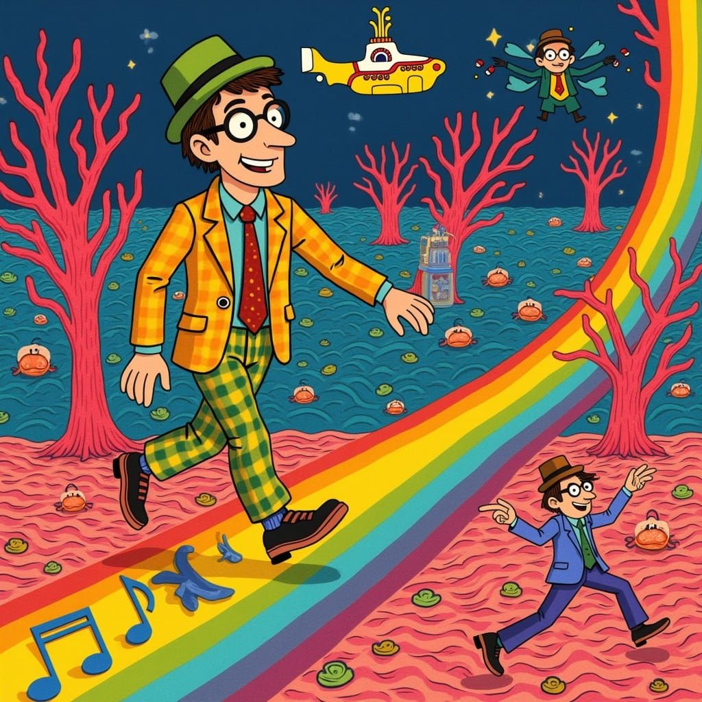 A quirky man in a mismatched suit strolls cheerfully along a solid, rainbow-colored beam of musical notes. The beam projects from the perisc...