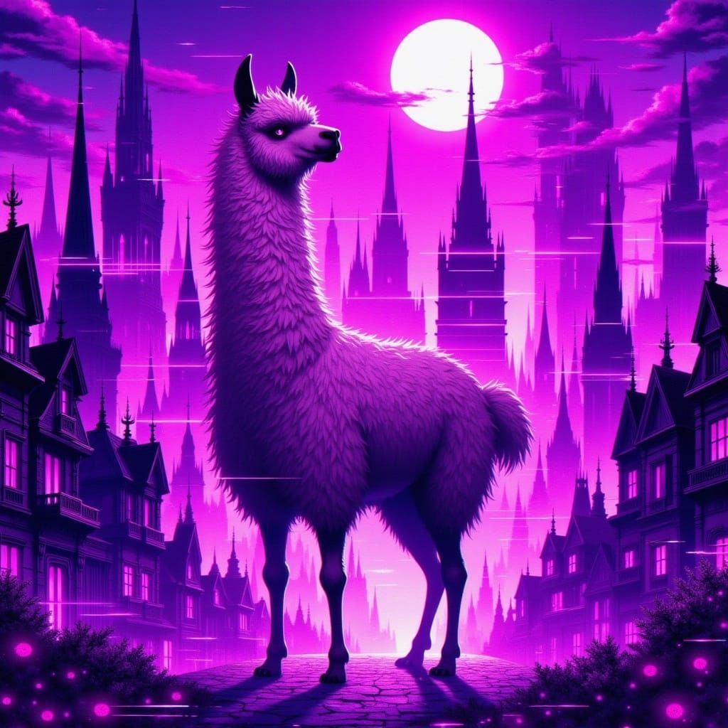 <lora:GLiMORiA:1.0> llama in a purple cityscape