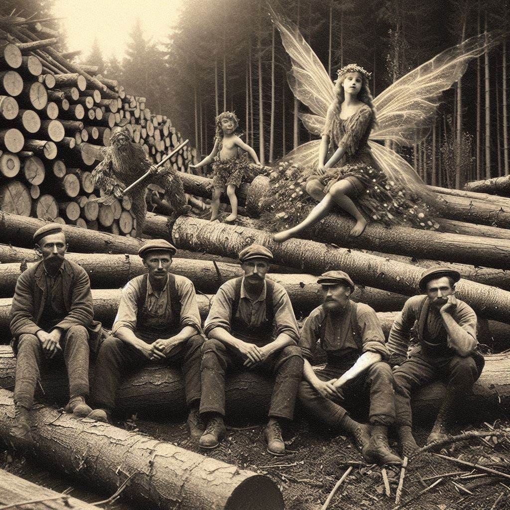 Portrait of a group of loggers sitting on a huge pile of fallen logs. while in the background the forest fairies bringin...