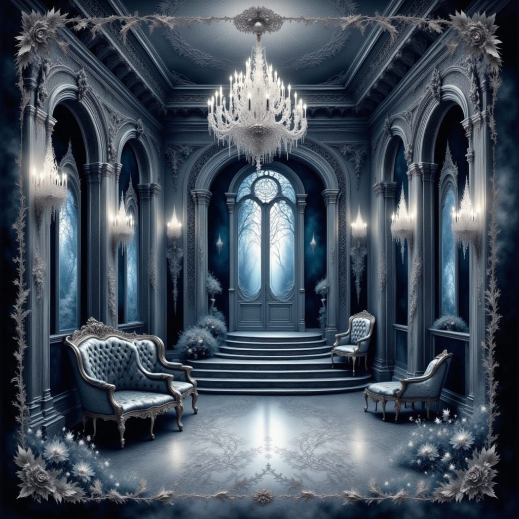 <lora:Dreamy Intensity:1.0> Ethereal watercolor alcohol ink Renaissance oil painting fantasy gothic mansion interior hall in black indigo  s...