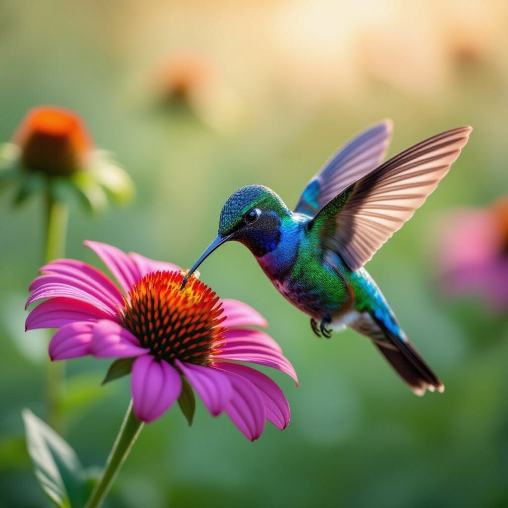 Metallic Blue Hummingbird Sips Nectar from Vibrant Flower