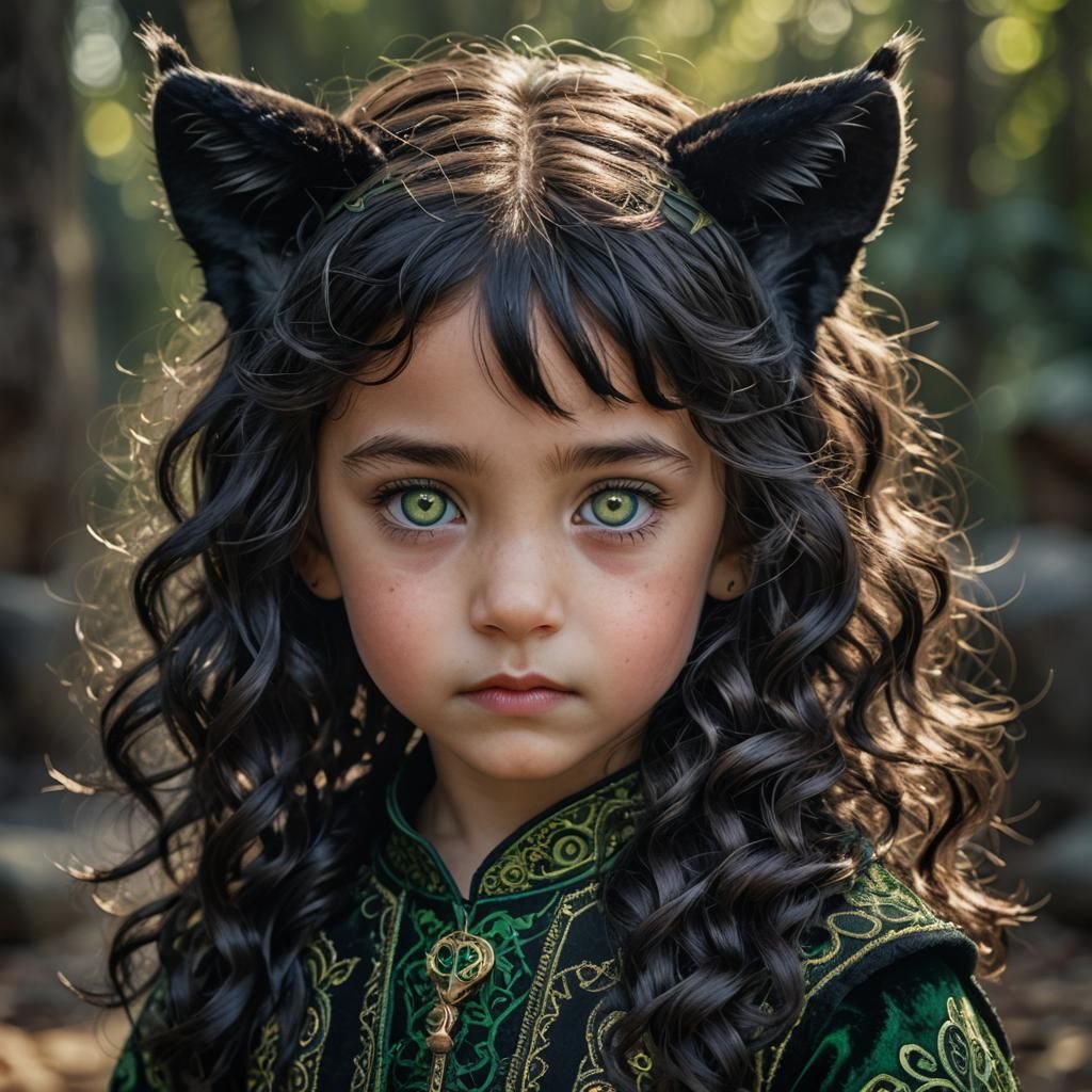 3 years old, girl with wavy black hair, green eyes, panther ...