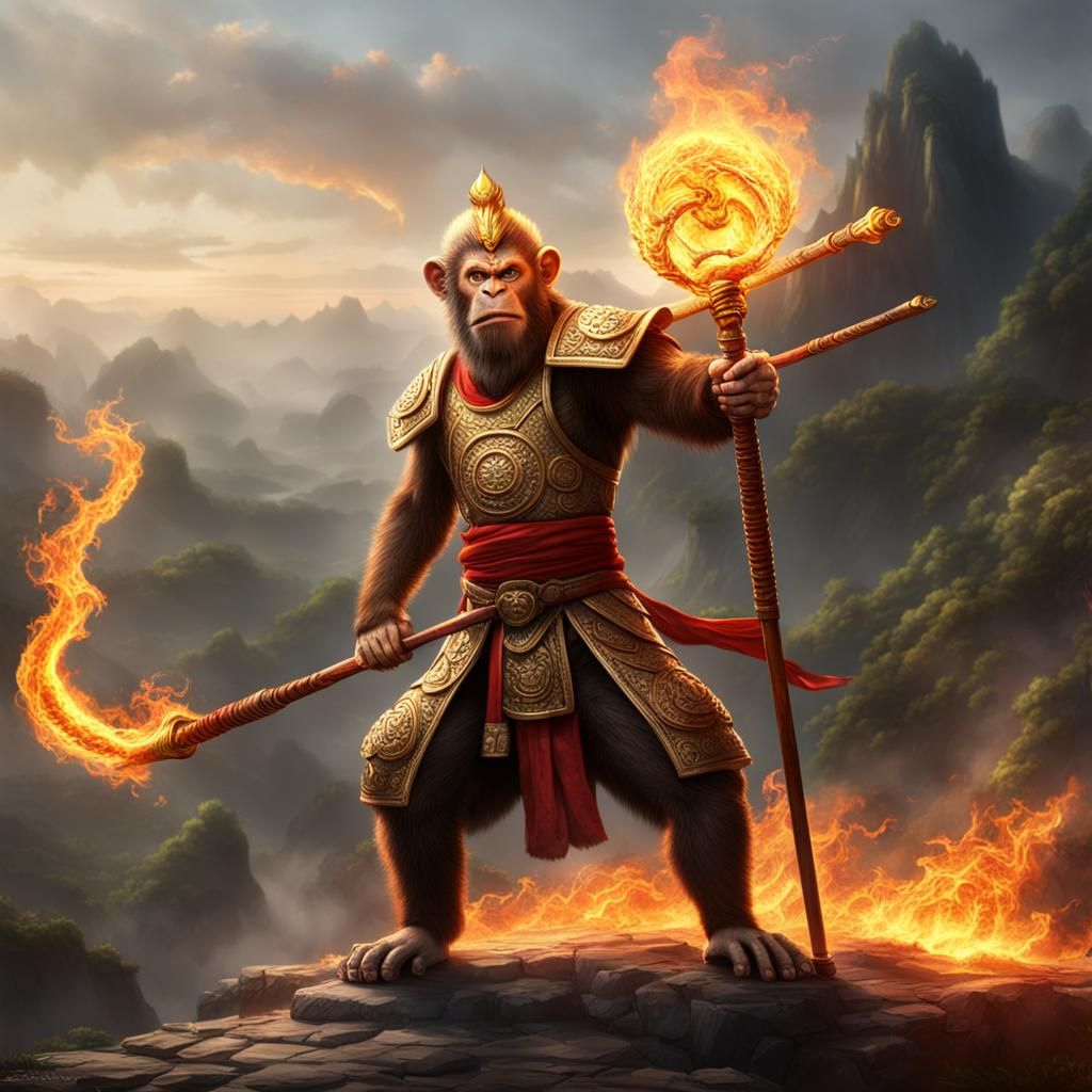 Wukong the monkey king holding flaming staff