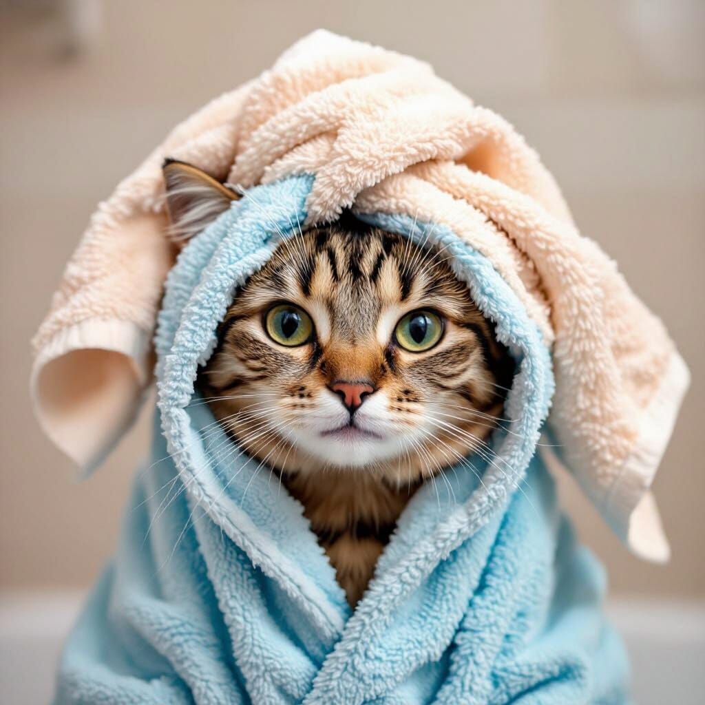 Cat in Robe and Towel After Bath