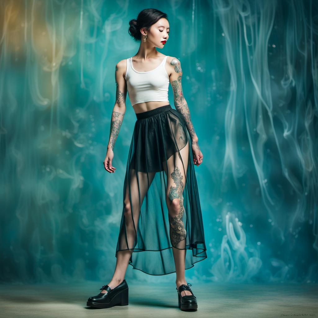 Tattooed Model in Transparent Skirt: Surreal Oil Painting
