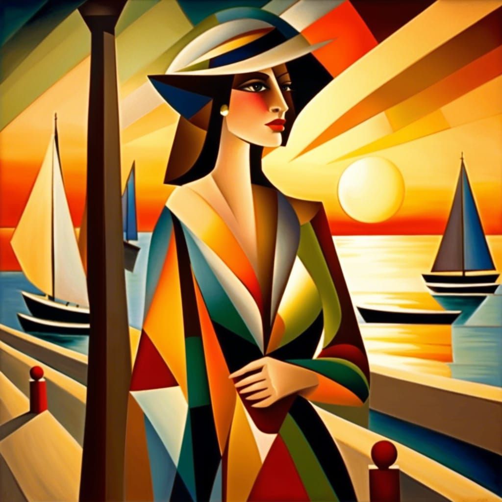 mujer sentada en el paseo maritimo viendo el atardecer