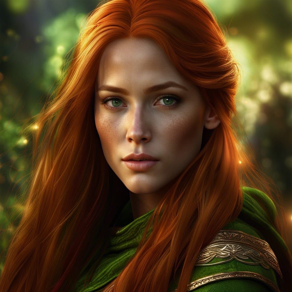 Beautiful young elven woman with bright goldengreen eyes and long dark ...