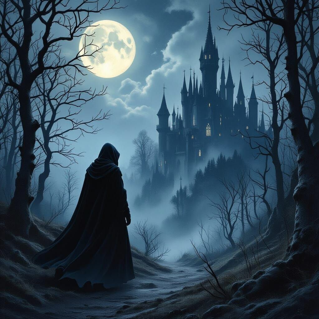  Un bellissimo principe incappucciato e avvolto in un mantello scuro attraversa una foresta onirica e surreale, circondato da alberi sinuosi...