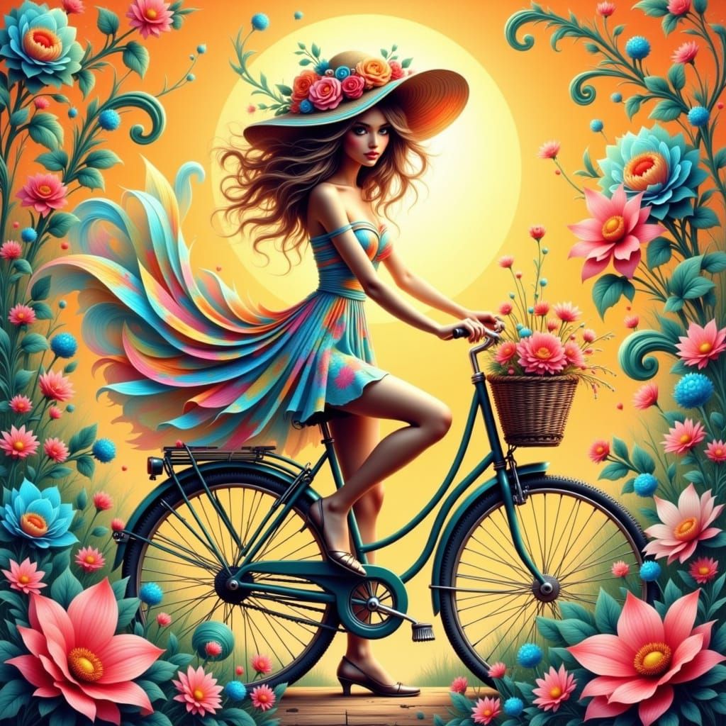 Woman on Bicycle in Whimsical Ethereal Style