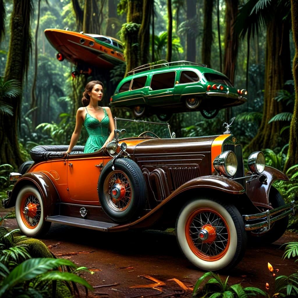 Surreal Antique Car and Lady in Rainforest