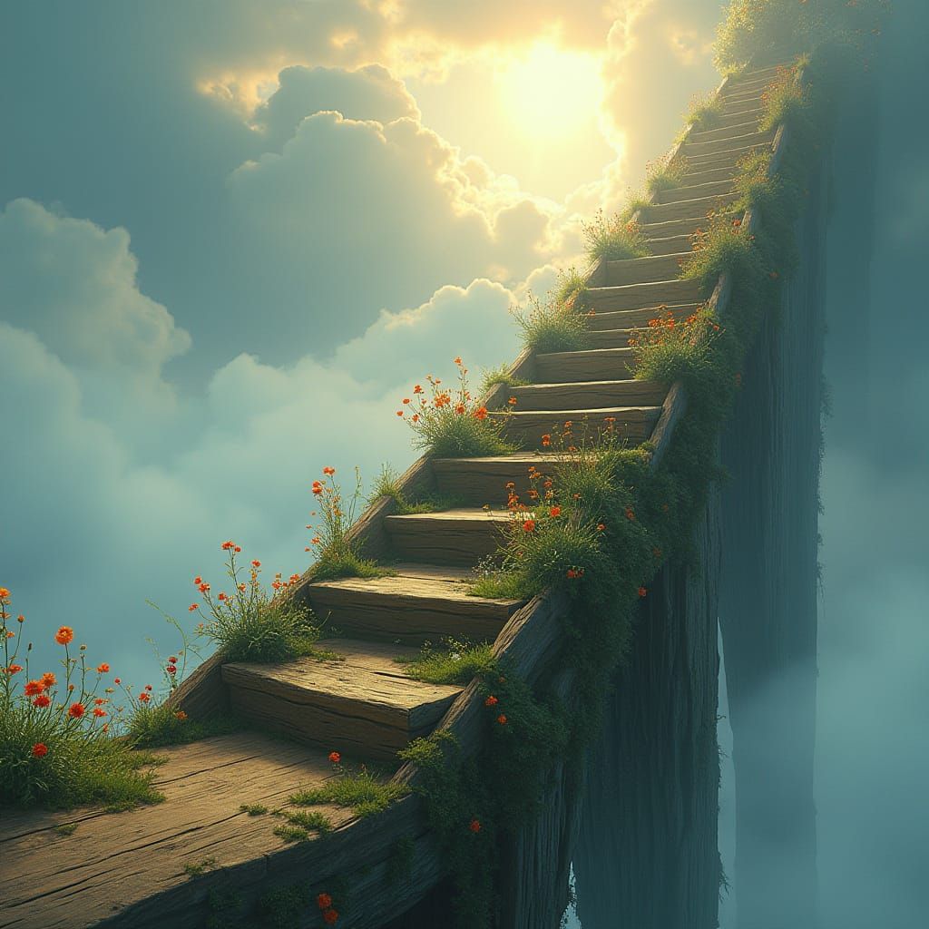 Seasonal Ladder to Ethereal Sky in Whimsical Style