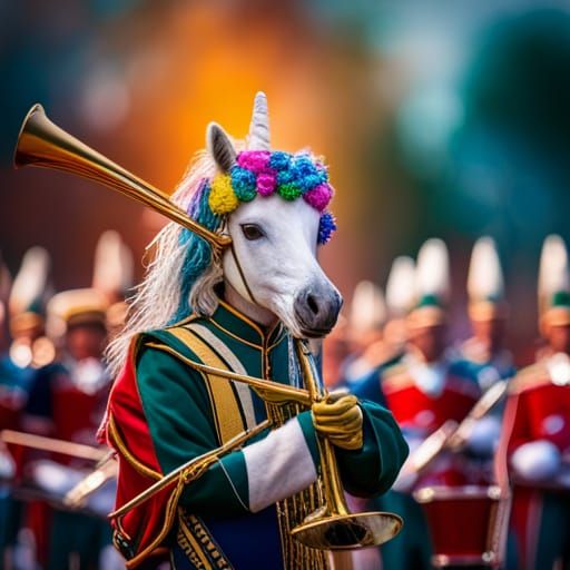 A unicorn, leading a marching band, 8k resolution, a masterp...