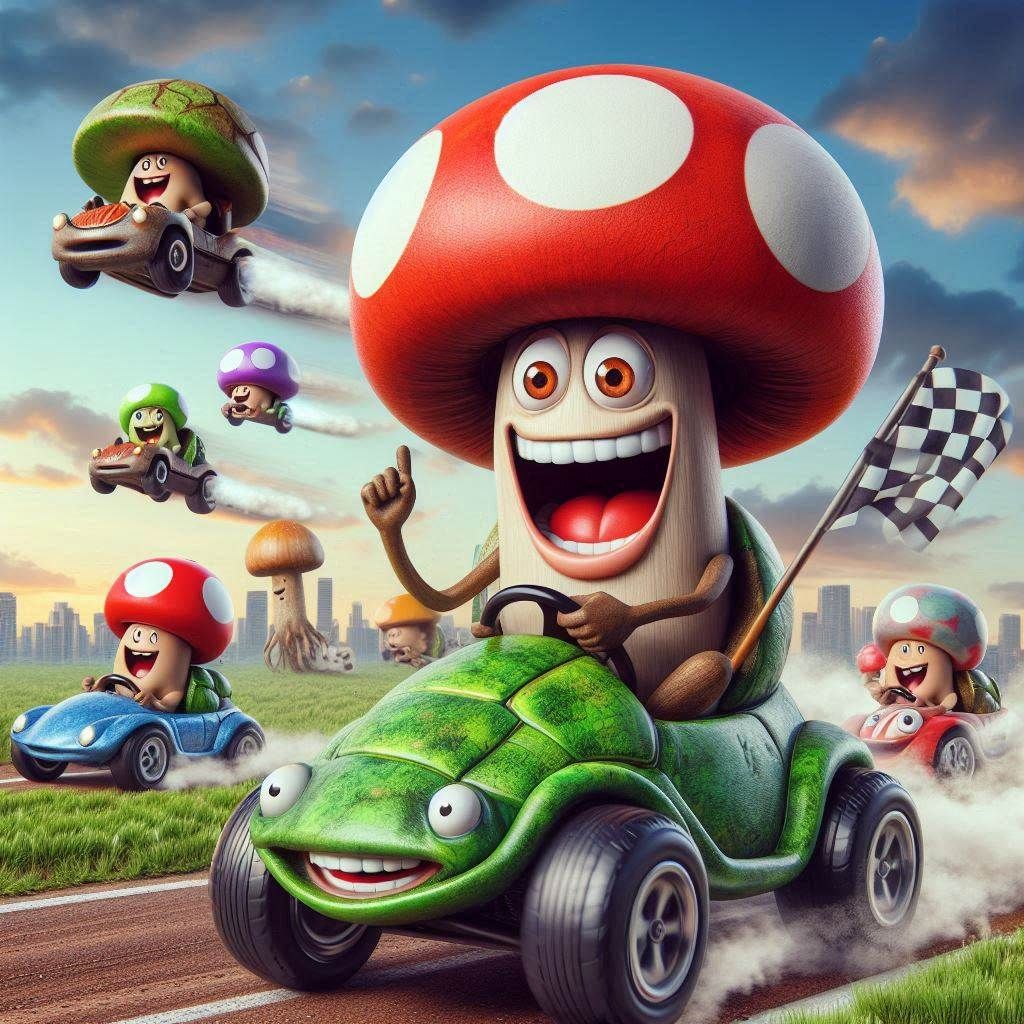the crazy mushroom races in a car in the shape of a turtle and beats the other participants laughing madly