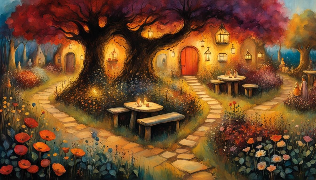 Fairy Village, with lots of flower pots and cozy garden seat...