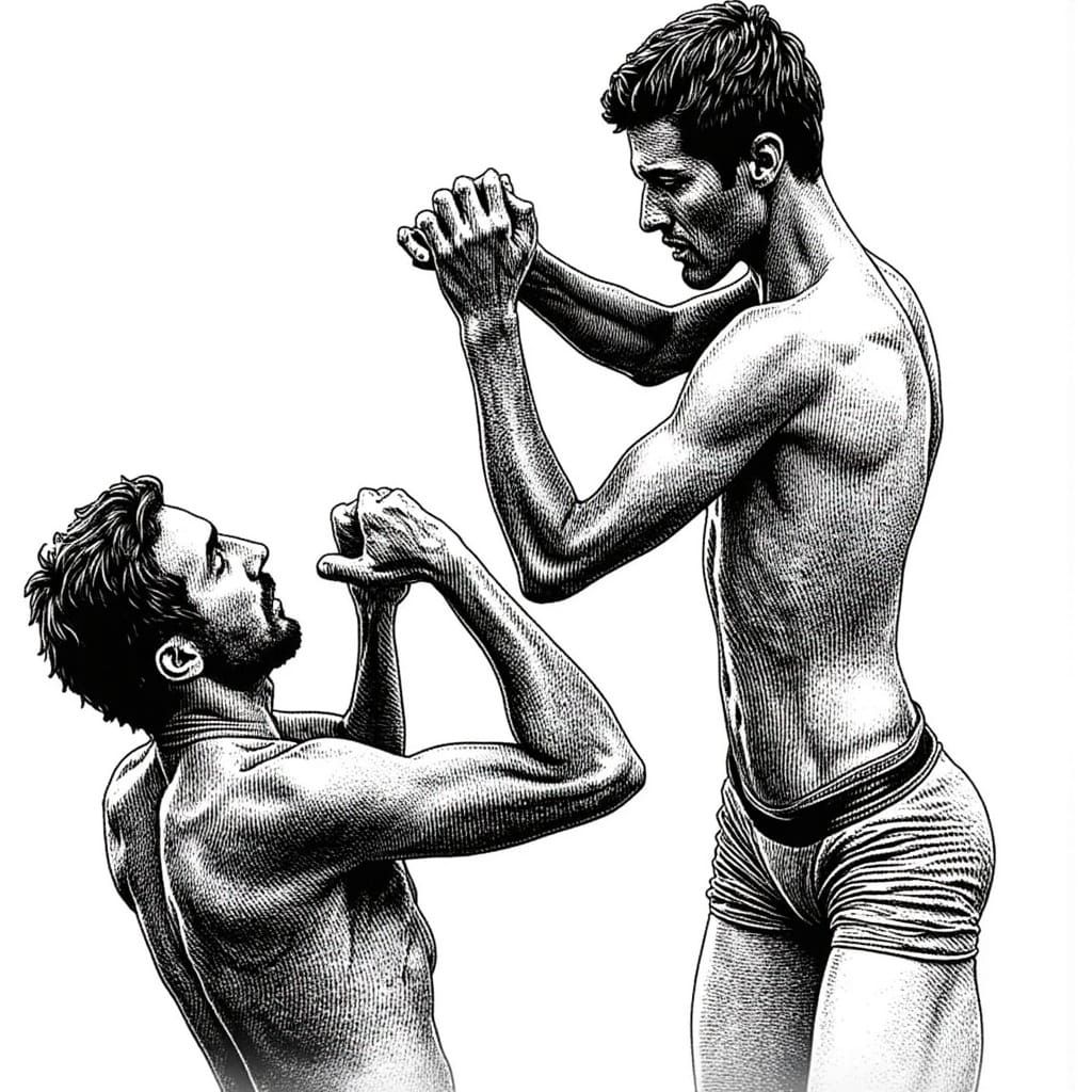 close up of  a arm wrestling match line art line drawing cross hatch pan and ink etching <lora:Cross Hatch:1.0> 