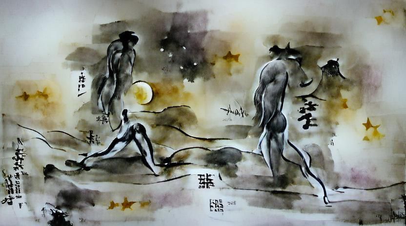 Nude Man Walks at Night: Sumi Ink Painting