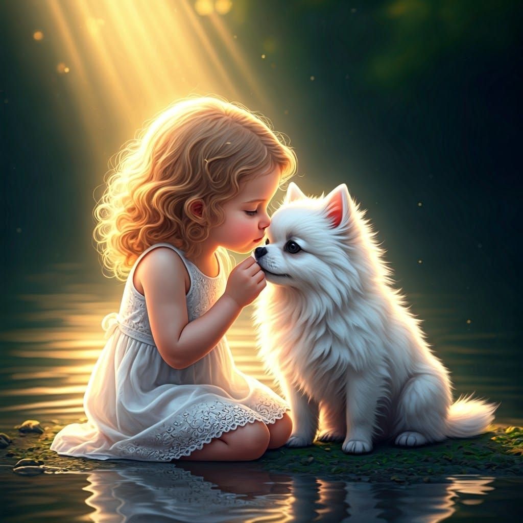 Girl and Dog by Lake in Golden Light