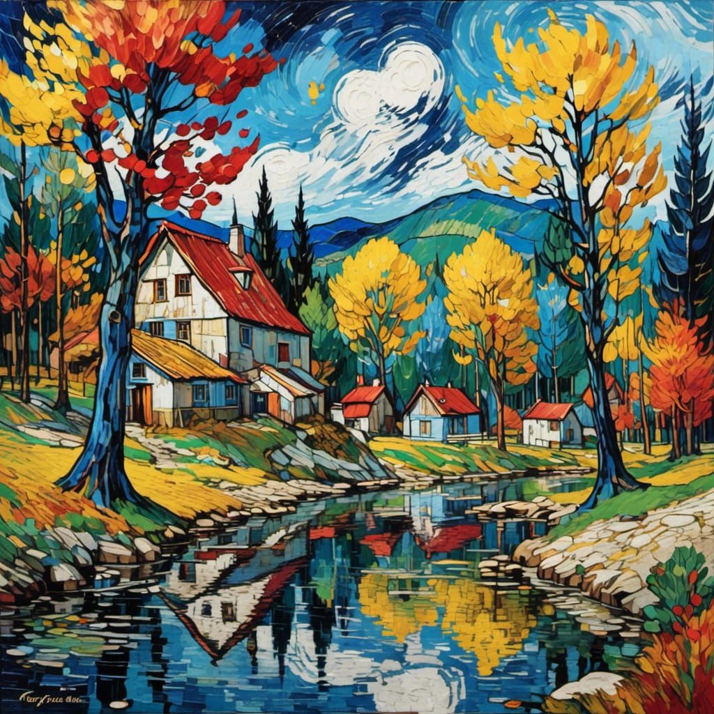 <lora:ColorfulXLv2:1.0> village lake tress forest