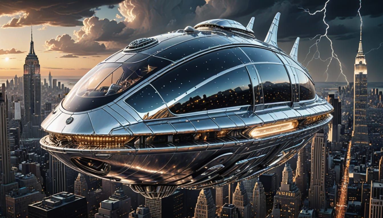 solid sleek shiny chrome ovoid alien space vessel hovering over New York City. It is emitting bolts of ...  by @Georgie