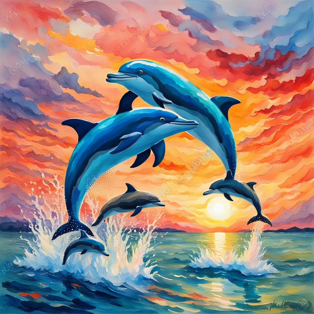 Dolphins at Sunset: Gouache and Watercolor Impression