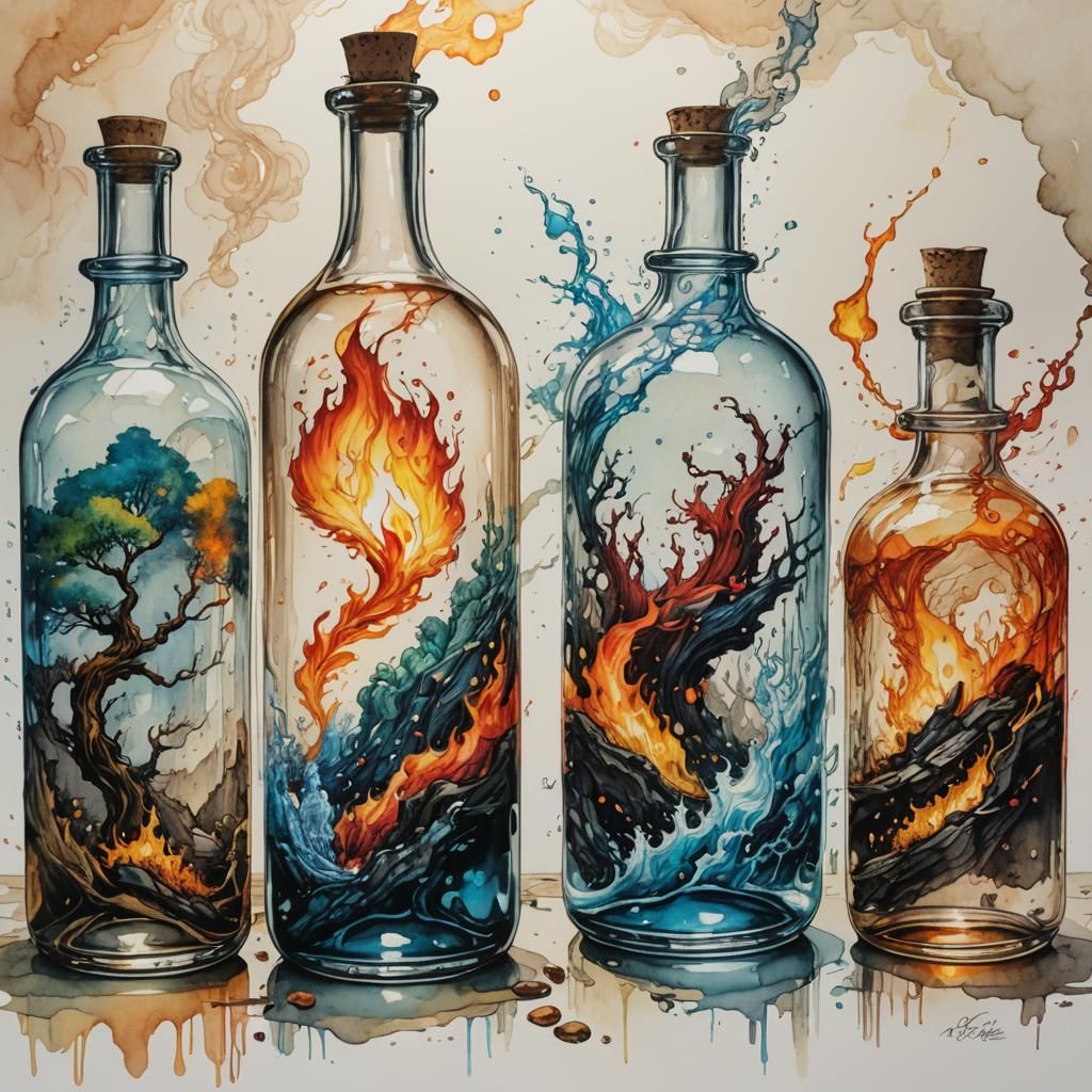 Four Elements In Glass Bottles In Alchemy Lab - Ai Generated Artwork 