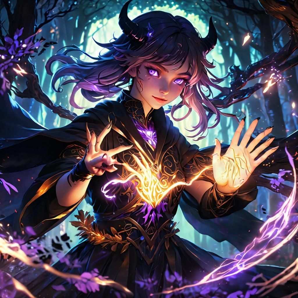 Demoness Glowing Eyes making a love spell, Anime