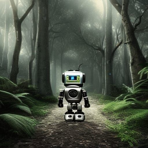 Minature adorable robot named Destroyer of Worlds walking in...
