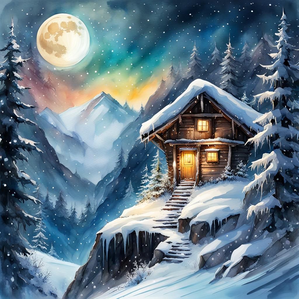 Cozy little hut in snowy mountains   by @Farity