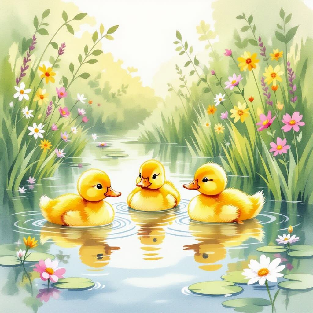  Cute little yellow ducklings in a hidden pond.  by @Suz
