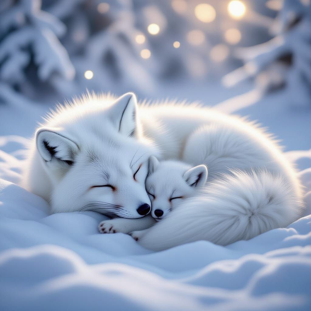 Arctic fox sleeping alongside her cub  by @Peardrop