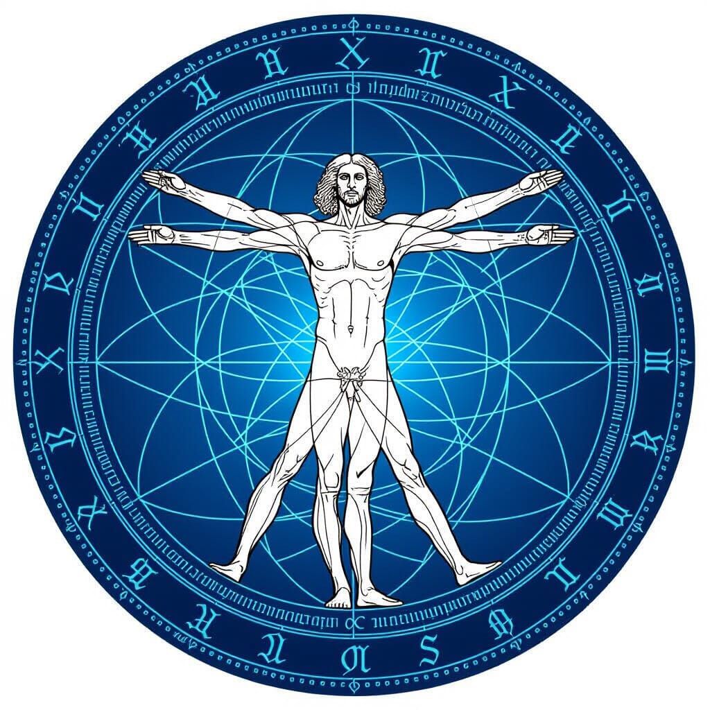 Digital Vitruvian Man with Hermetic Law of Infinity