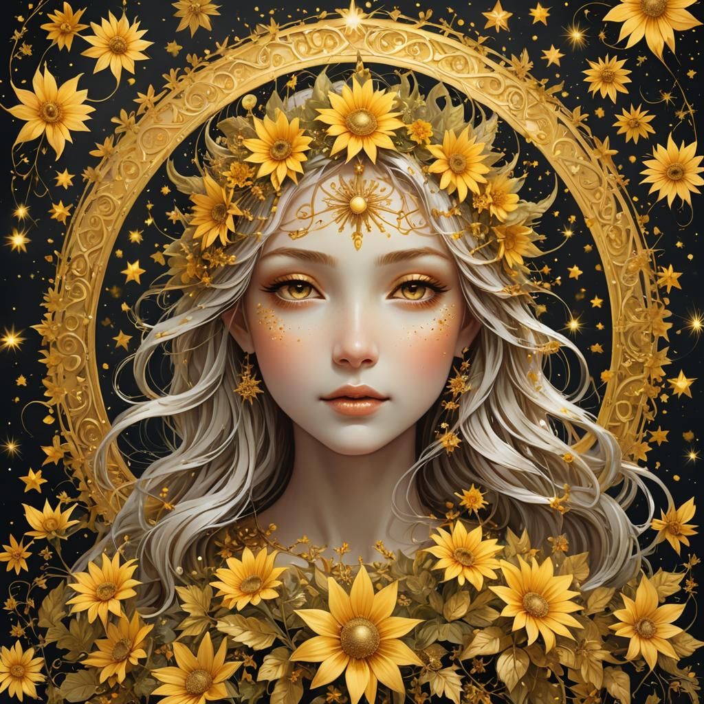 Digital artwork of a fairy whose face is surrounded by golde...