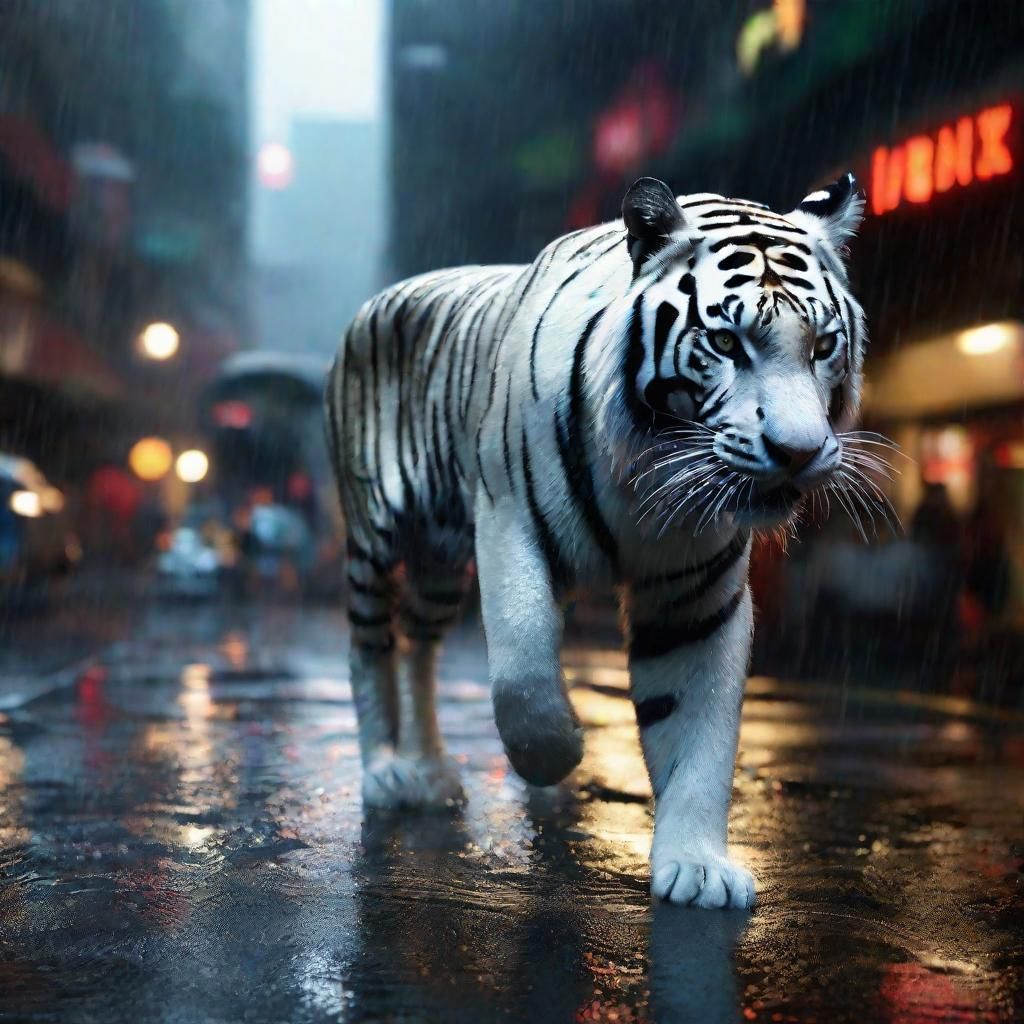 White Bengal tiger, urban setting, wet streets - AI Generated Artwork ...