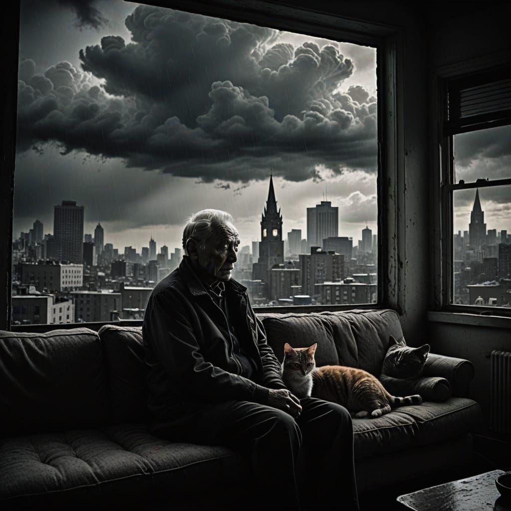 a black and white photograph of an elderly man looking somber while sitting on his couch in a sparsely ...  by @undefined