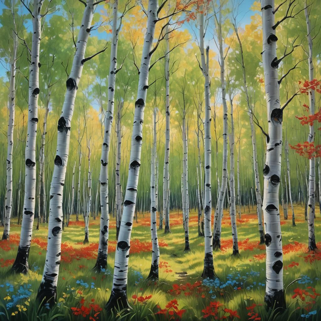 An oil painting of an aspen forest by a meadow