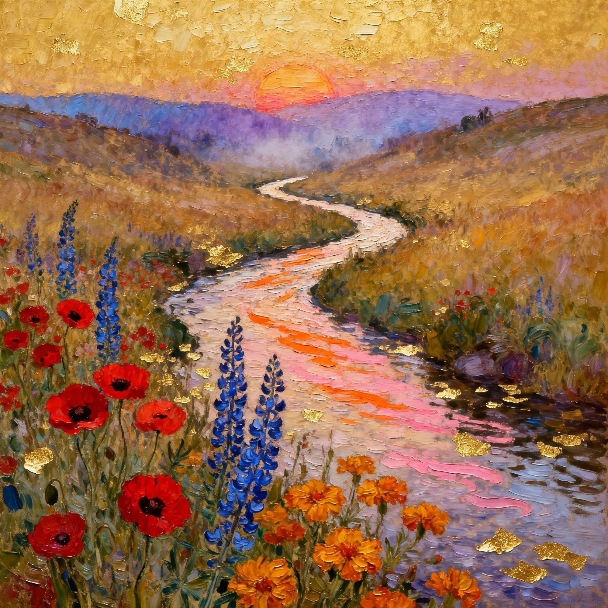 Klimt: impasto, A valley with a stream bathed in the warm glow of a setting sun. After a prompt by @Bee_creative